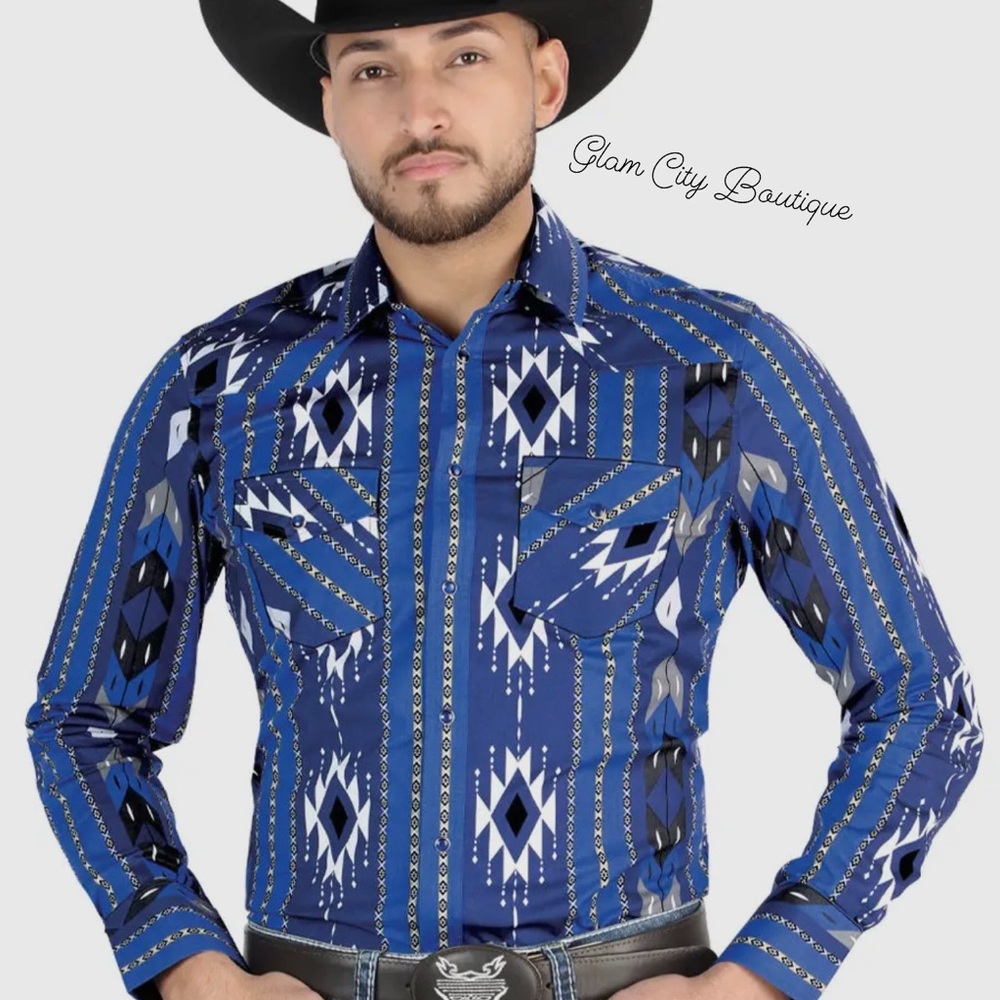 Blue Geometric Casual Button Down Shirt